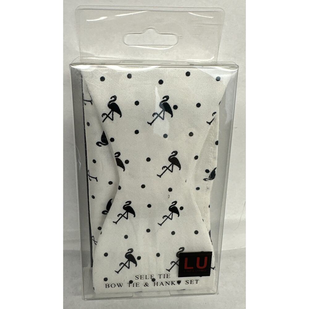 LINEA UOMO Handmade Cotton Bow Tie White With Black Flamingos